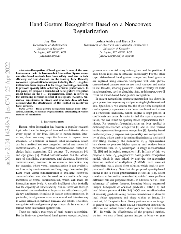 (PDF) Hand Gesture Recognition Based on a Nonconvex Regularization