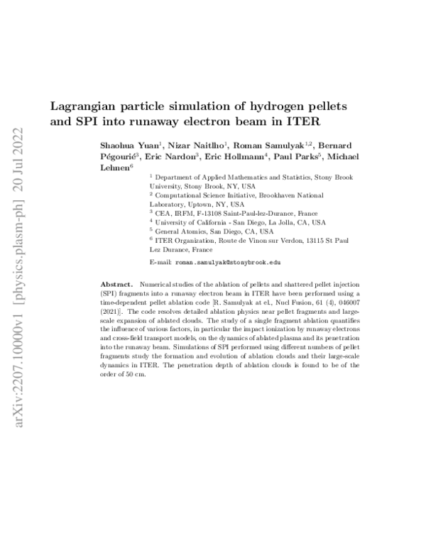(PDF) Lagrangian particle simulation of hydrogen pellets and SPI into ...