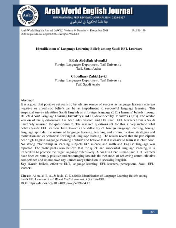 (PDF) Identification of Language Learning Beliefs among Saudi EFL Learners