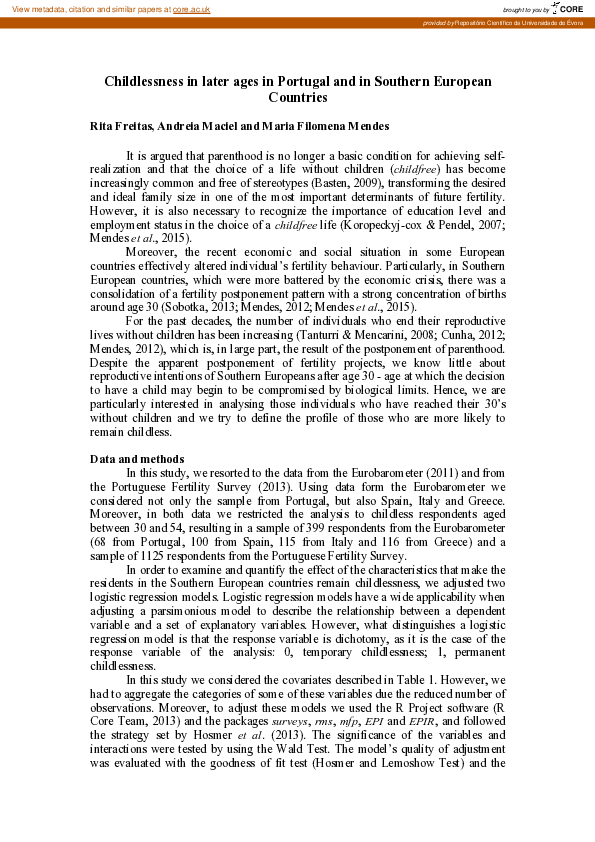 (PDF) Childlessness in later ages in Portugal and in Southern European ...