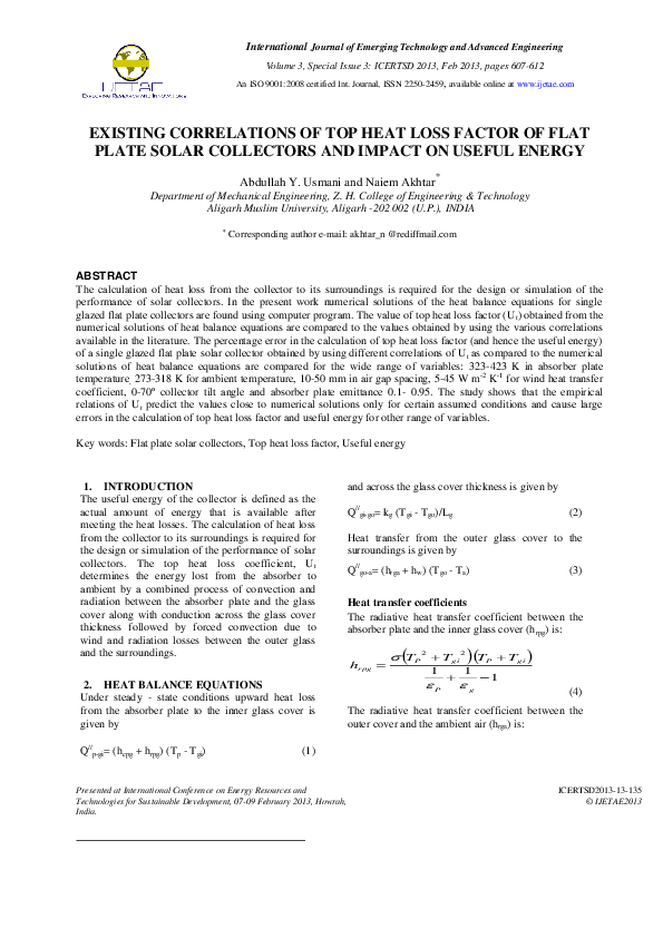 (PDF) Existing Correlations of Top Heat Loss Factor of Flat Plate Solar ...