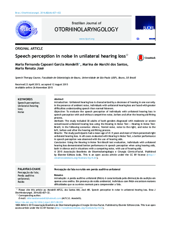 (PDF) Speech perception in noise in unilateral hearing loss