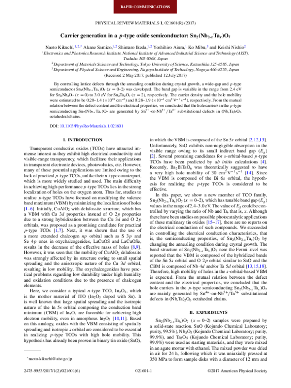 (PDF) Carrier generation in a p -type oxide semiconductor: Sn2(Nb2−xTax)O7