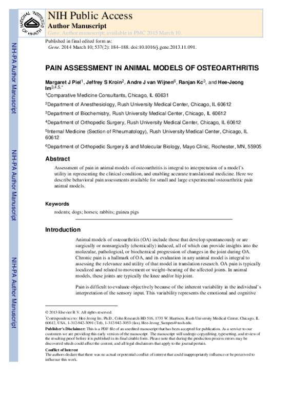 (PDF) Pain assessment in animal models of osteoarthritis Andre van
