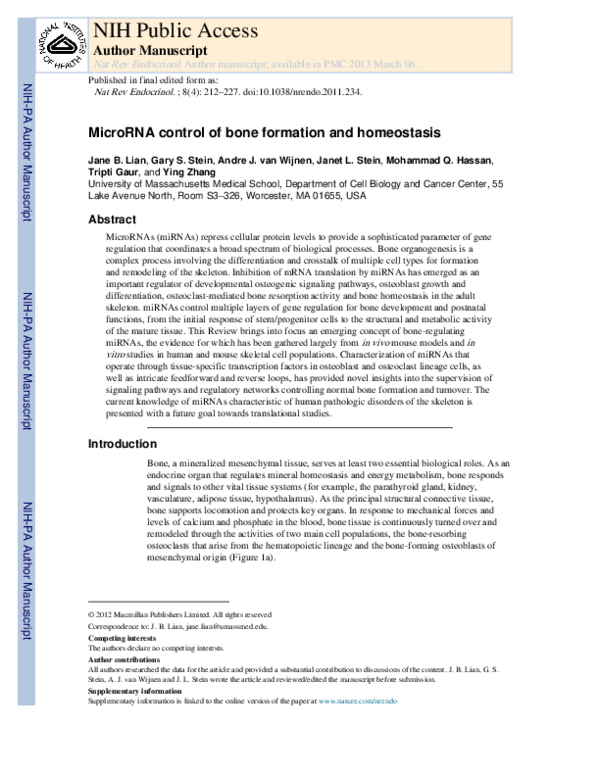 (PDF) MicroRNA control of bone formation and homeostasis