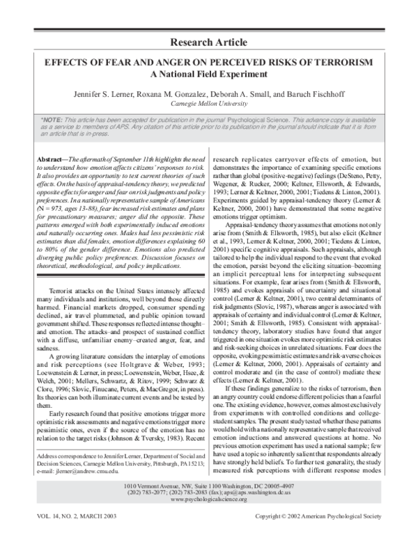 (PDF) Effects of Fear and Anger on Perceived Risks of Terrorism