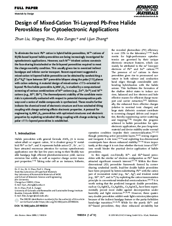 (PDF) Design of Mixed‐Cation Tri‐Layered Pb‐Free Halide Perovskites for ...
