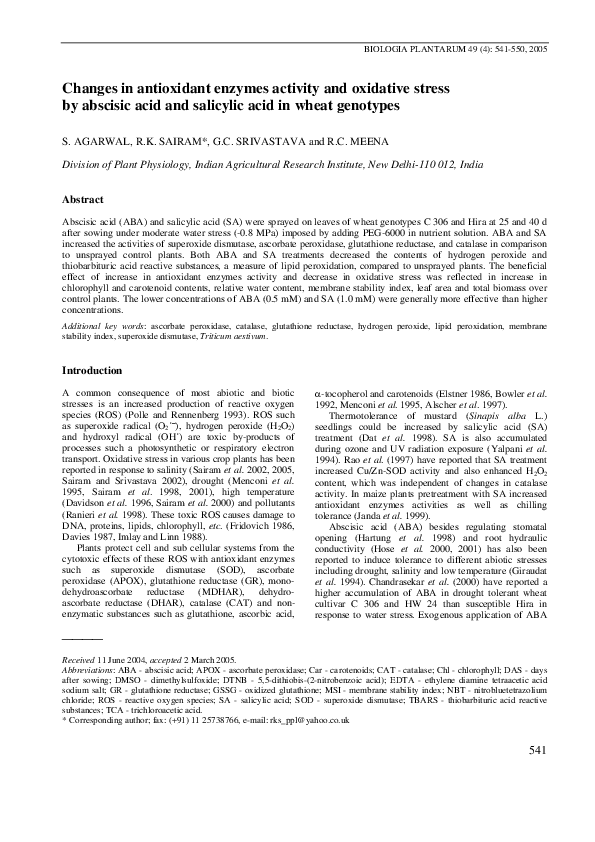 (PDF) Changes in antioxidant enzymes activity and oxidative stress by ...