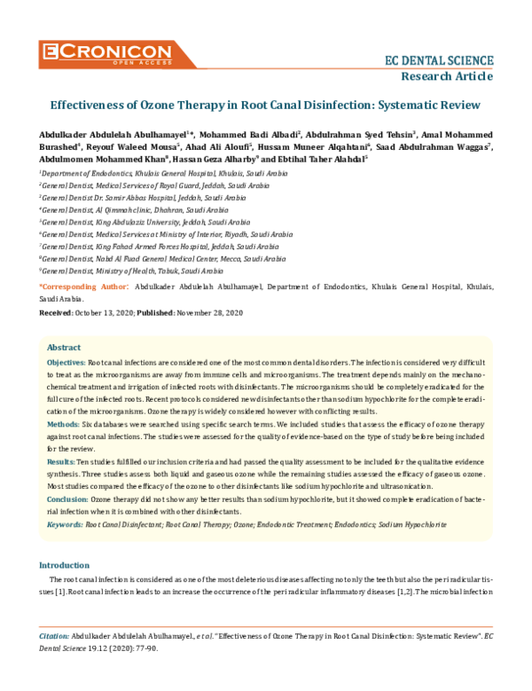 (PDF) Effectiveness of Ozone Therapy in Root Canal Disinfection
