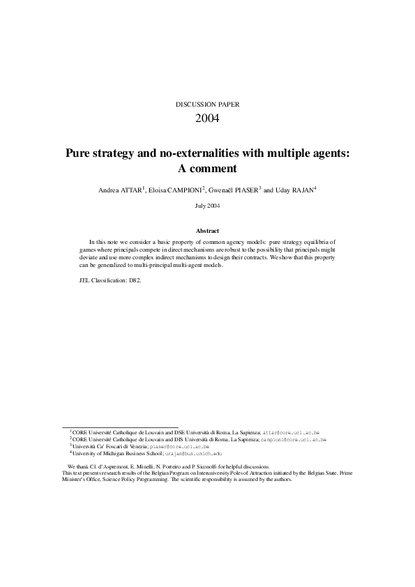 (PDF) Pure strategy and no-externalities with multiple agents