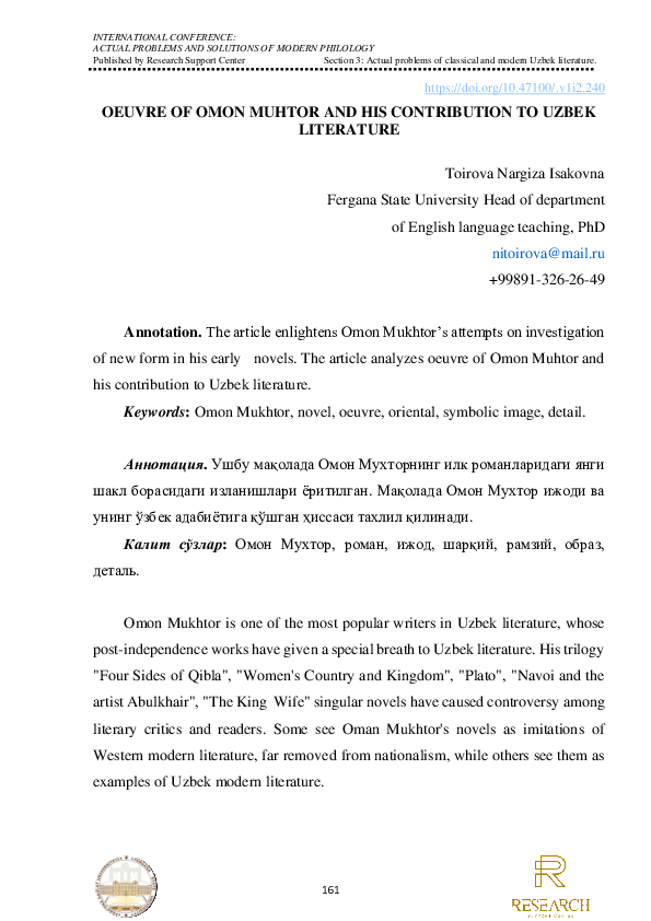 (PDF) Oeuvre of Omon Muhtor and His Contribution to Uzbek Literature