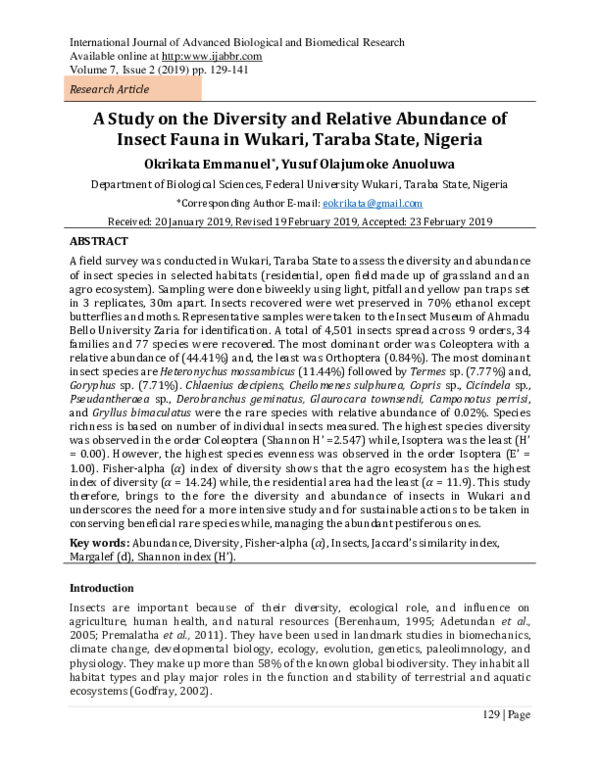 (PDF) A Study on the Diversity and Relative Abundance of Insect Fauna ...