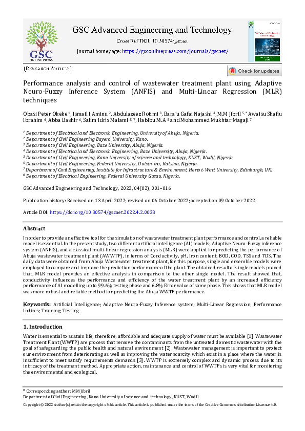  pdf performance analysis and control of wastewater treatment plant