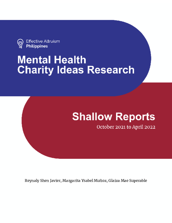 First page of “EA PH Mental Health Charity Ideas Research Shallow Reports”
