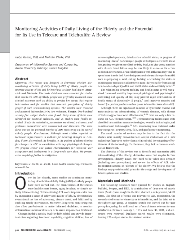 (PDF) Monitoring Activities of Daily Living of the Elderly and the ...