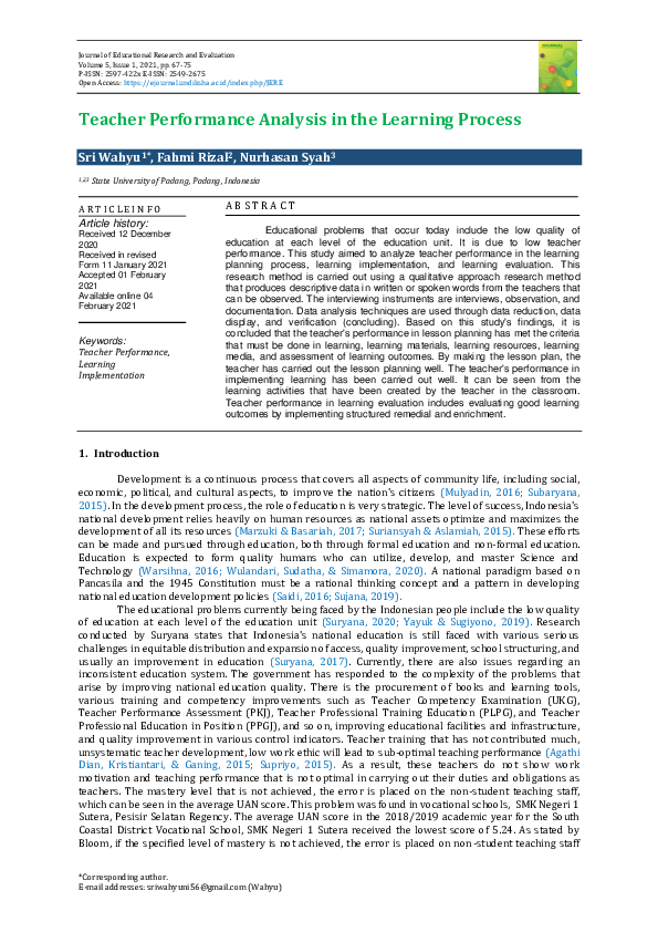(PDF) Teacher Performance Analysis in the Learning Process