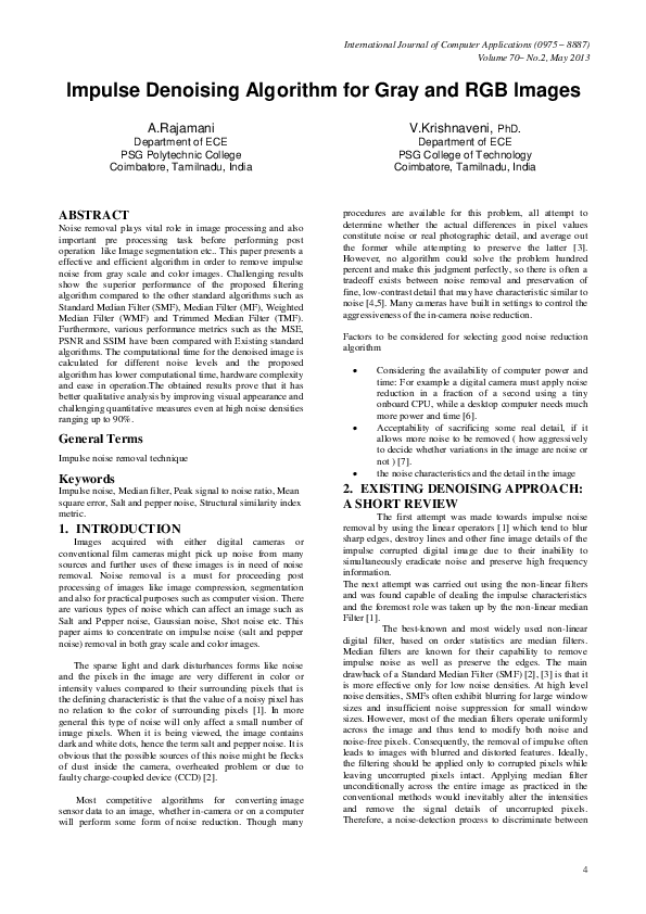 (PDF) Impulse Denoising Algorithm for Gray and RGB Images