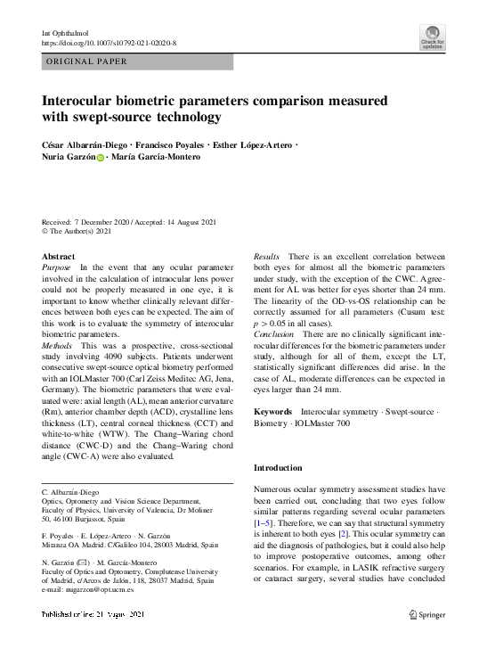 (PDF) Interocular biometric parameters comparison measured with swept ...