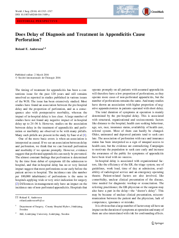 (PDF) Does Delay of Diagnosis and Treatment in Appendicitis Cause ...