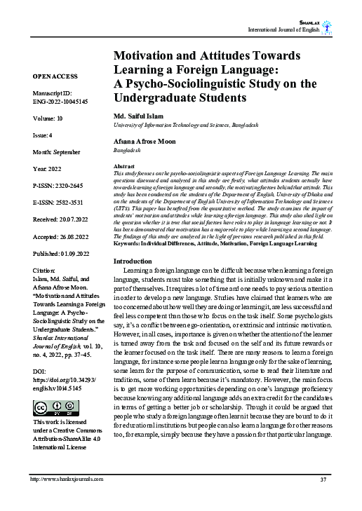(PDF) Motivation and Attitudes Towards Learning a Foreign Language: A ...