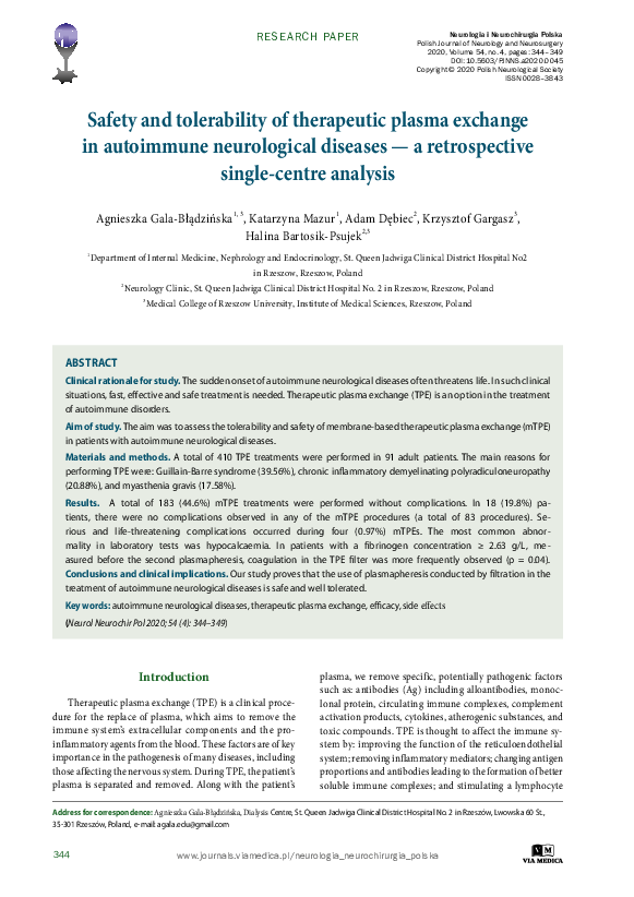 (PDF) Safety and tolerability of therapeutic plasma exchange in ...