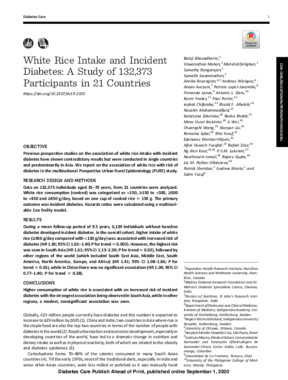 (PDF) White Rice Intake and Incident Diabetes A Study of 132,373