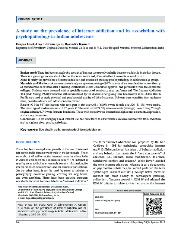 (PDF) A study on the prevalence of internet addiction and its ...