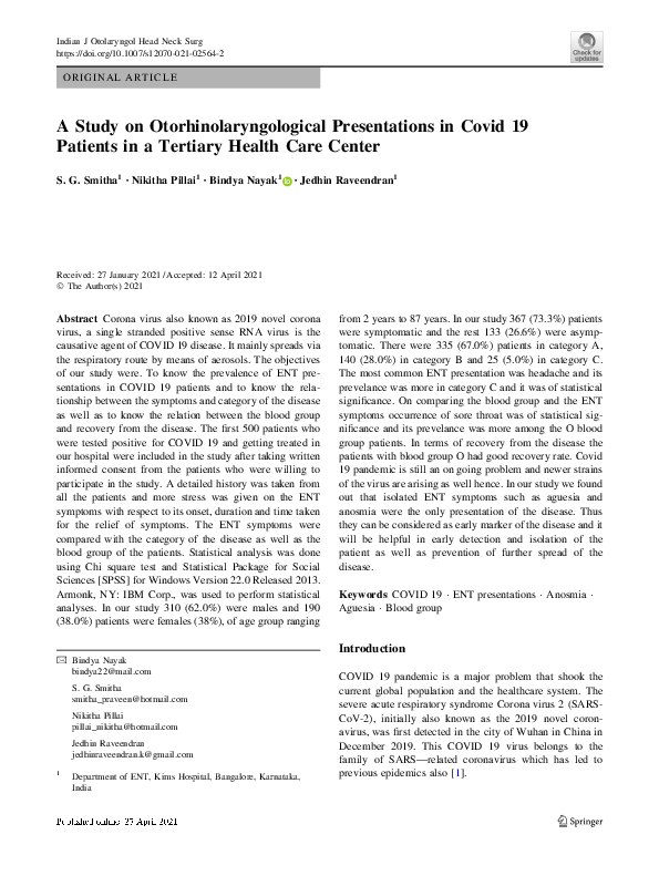 (PDF) A Study on Otorhinolaryngological Presentations in Covid 19 ...