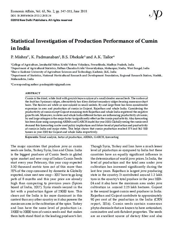 (PDF) Statistical Investigation of Production Performance of Cumin in India Manoj Debnath