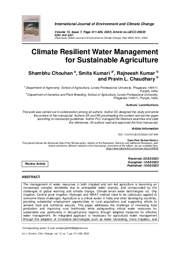 (PDF) Climate Resilient Water Management for Sustainable Agriculture