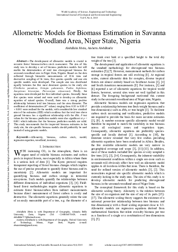 (PDF) Allometric Models For Biomass Estimation In Savanna Woodland Area ...