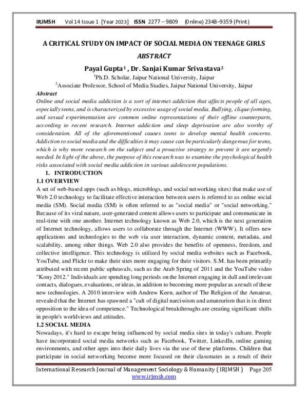 (PDF) A CRITICAL STUDY ON IMPACT OF SOCIAL MEDIA ON TEENAGE GIRLS