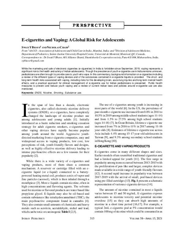 (PDF) E-cigarettes and Vaping: A Global Risk for Adolescents