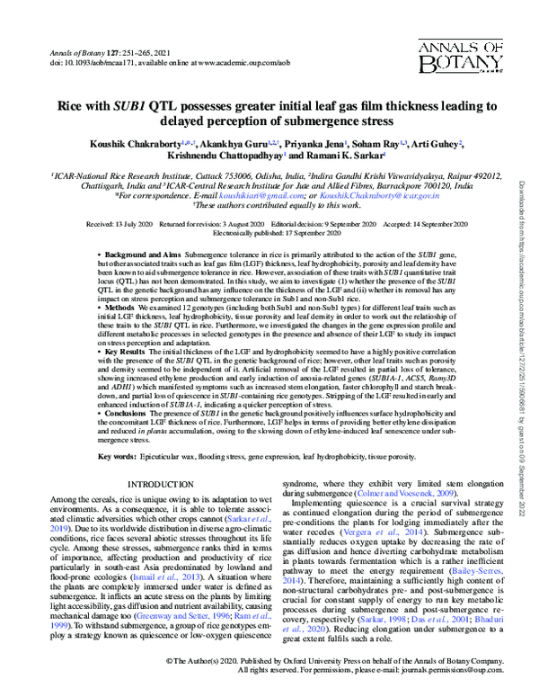 (PDF) Rice with SUB1 QTL possesses greater initial leaf gas film ...