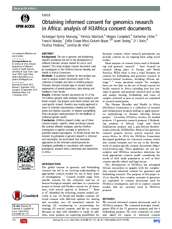 Pdf Obtaining Informed Consent For Genomics Research In Africa
