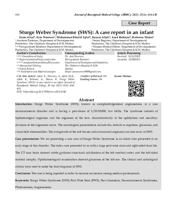 (PDF) Sturge Weber Syndrome (SWS): A case report in an infant | Asad ur ...