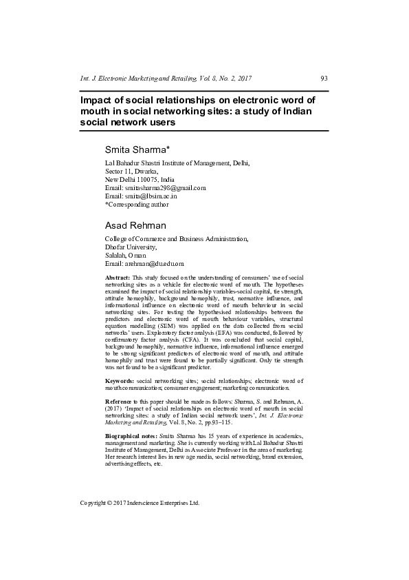 (PDF) Impact of social relationships on electronic word of mouth in ...