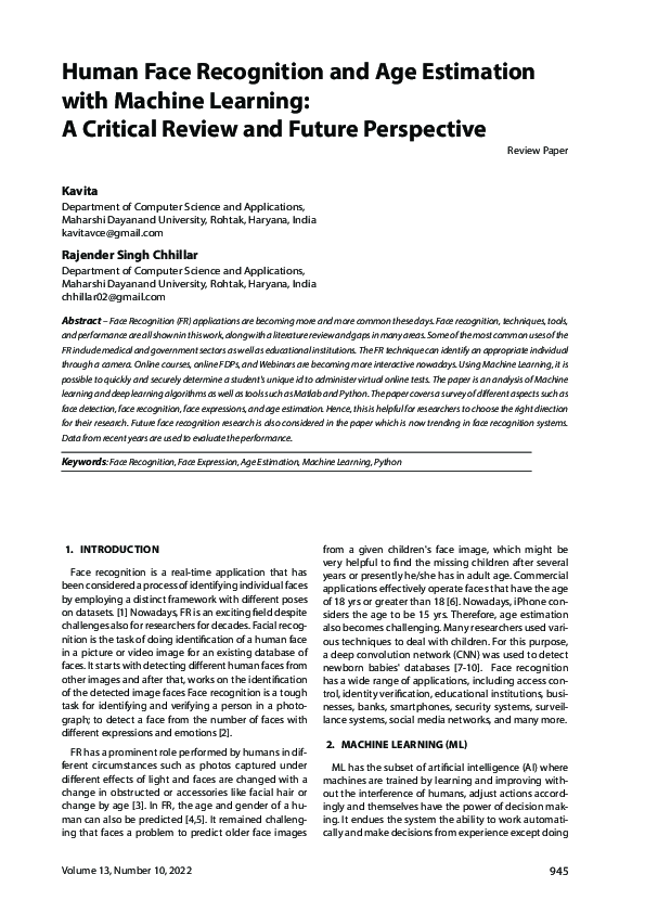 (PDF) Human Face Recognition and Age Estimation with Machine Learning
