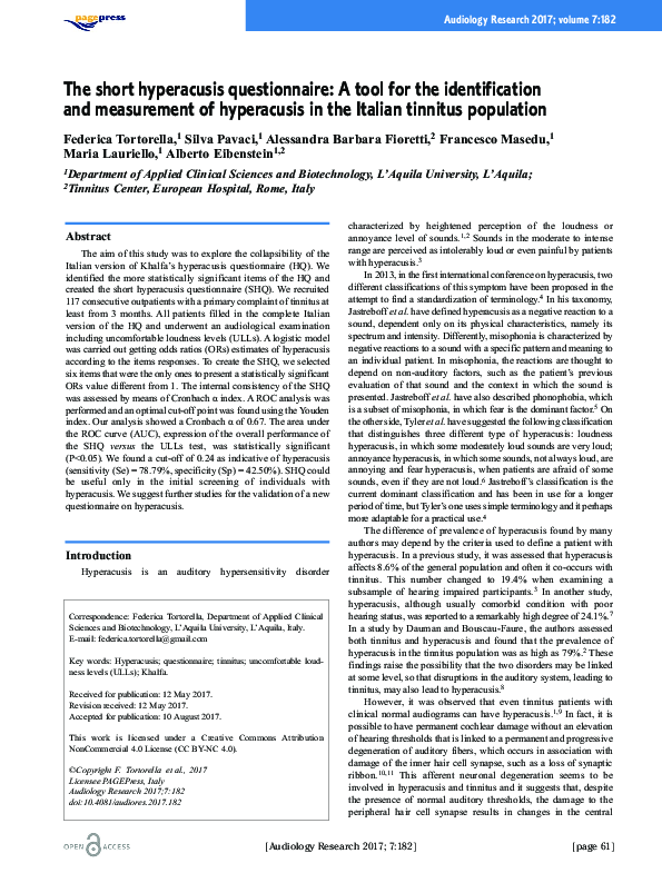 (PDF) The Short Hyperacusis Questionnaire: A Tool for the ...