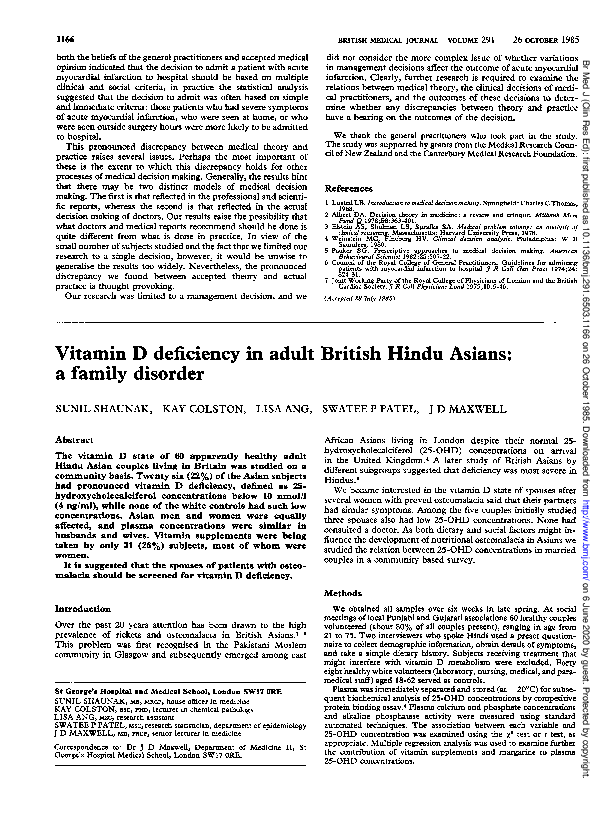 (PDF) Vitamin D deficiency in adult British Hindu Asians a family