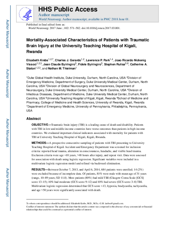 (PDF) Mortality Associated Characteristics of Traumatic Brain Injury ...