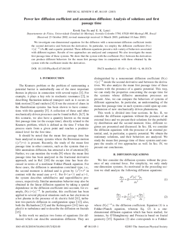 (PDF) Power law diffusion coefficient and anomalous diffusion: Analysis ...
