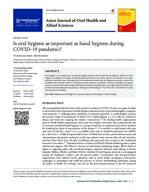 (PDF) Is oral hygiene as important as hand hygiene during COVID-19 ...