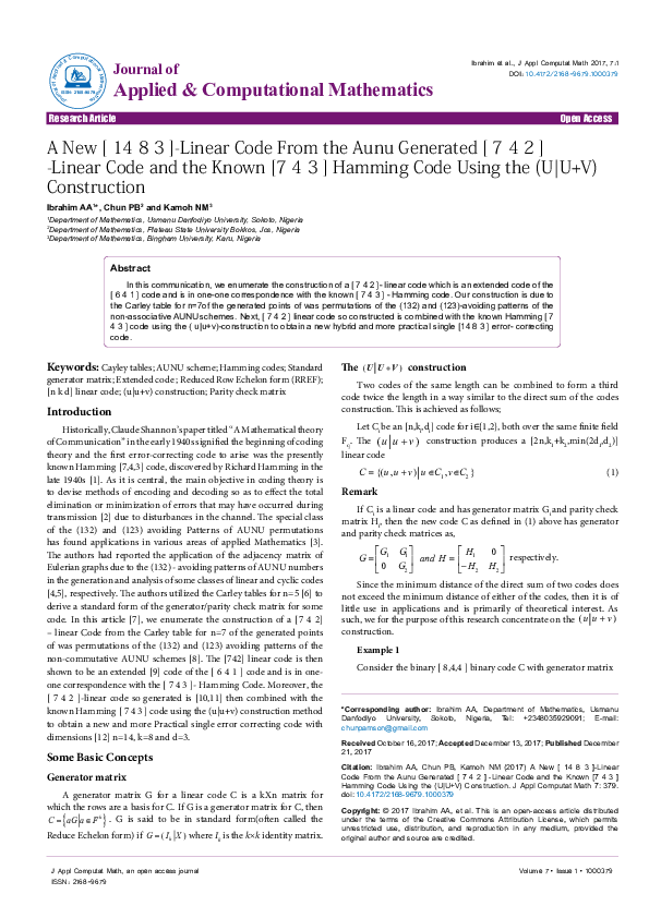 (PDF) A New [ 14 8 3 ]-Linear Code From the Aunu Generated [ 7 4 2 ...
