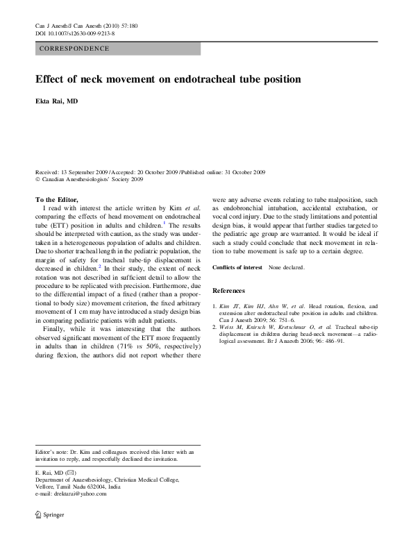 (PDF) Effect of neck movement on endotracheal tube position