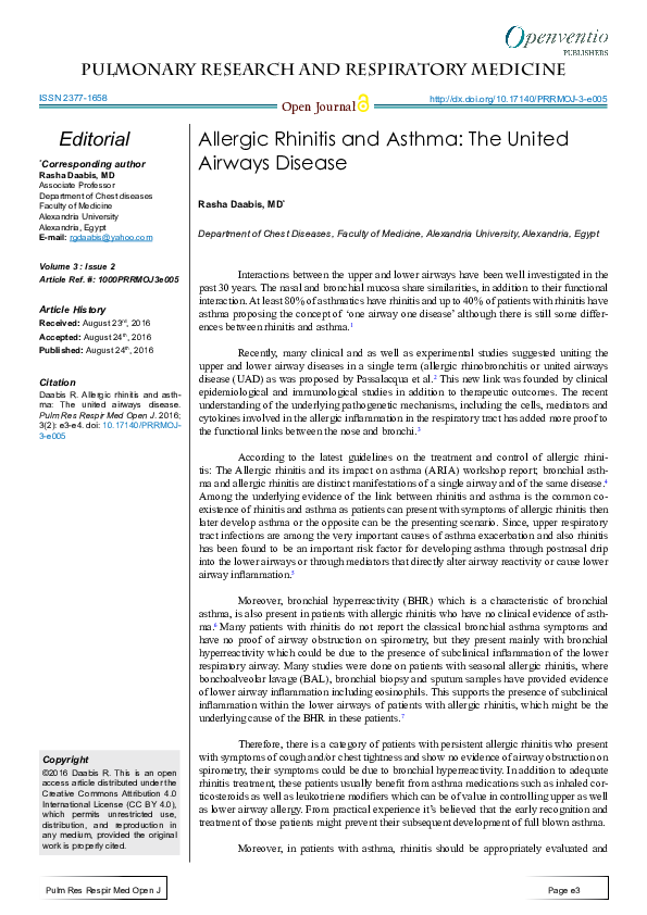 (PDF) Allergic Rhinitis and Asthma The United Airways Disease Rasha