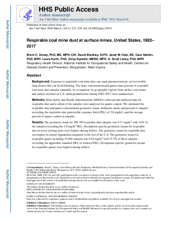 (PDF) Respirable coal mine dust at surface mines, United States, 1982–2017