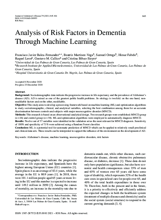 (PDF) Analysis of Risk Factors in Dementia Through Machine Learning