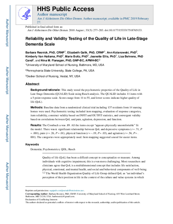 (PDF) Reliability and Validity Testing of the Quality of Life in Late ...