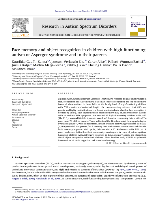 (PDF) Face memory and object recognition in children with high ...
